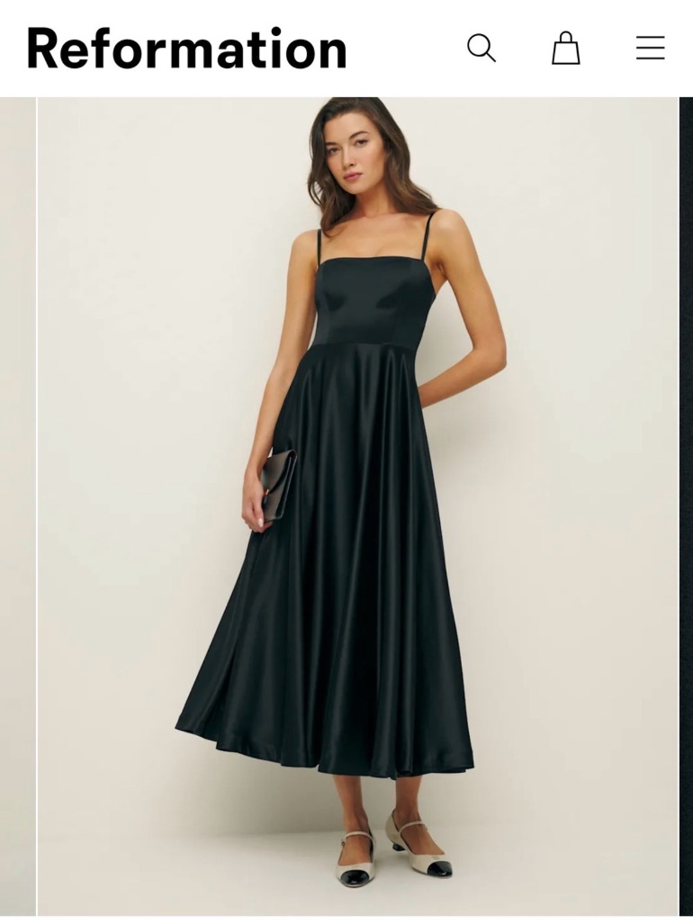 Reformation Black Satin Gracen Spaghetti-Strap Midi Dress